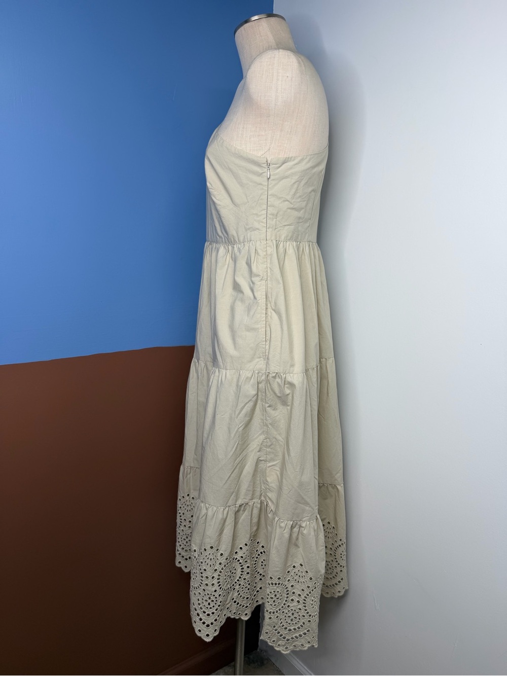 Gap Women’s One Shoulder Beige khaki Dress Eyelet Trim 100% Cotton 8 Petite - Picture 6 of 9